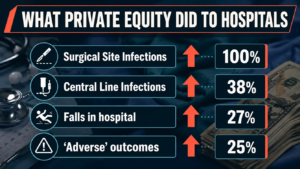 A schematic of how private equity harms hospitals: infections and falls rise and adverse outcomes increase as well.
