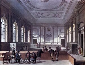 Interior of the Dividend Hall of the South Sea House, featuring 18th-century figures seated and standing in an ornate hall with high ceilings and large windows.