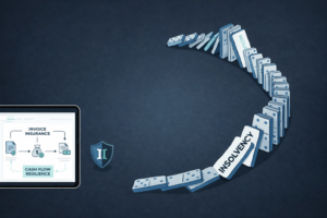 A wide panoramic trade credit insurance website header graphic on a deep gray background. The center is solid charcoal gray. On the far left margin, a minimalist digital tablet dashboard displays a financial flowchart of 'Invoice Insurance' and 'Cash Flow Resilience' with an abstract path of falling dominoes labeled 'INSOLVENCY' connecting them. All graphics are non-occlusive, ensuring centered white overlay text will have high contrast and remain the main focus.